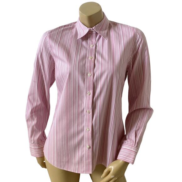 LANDS END Womens Size 8 Pink White Striped Button Up Collared Long Sleeve Shirt - Picture 1 of 8